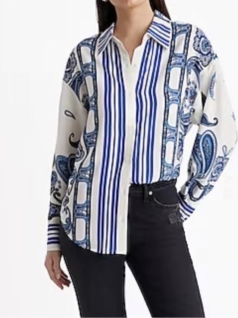Express NWT Boyfriend Portofino M Blue White Paisley‎ Stripe Button Up Silky